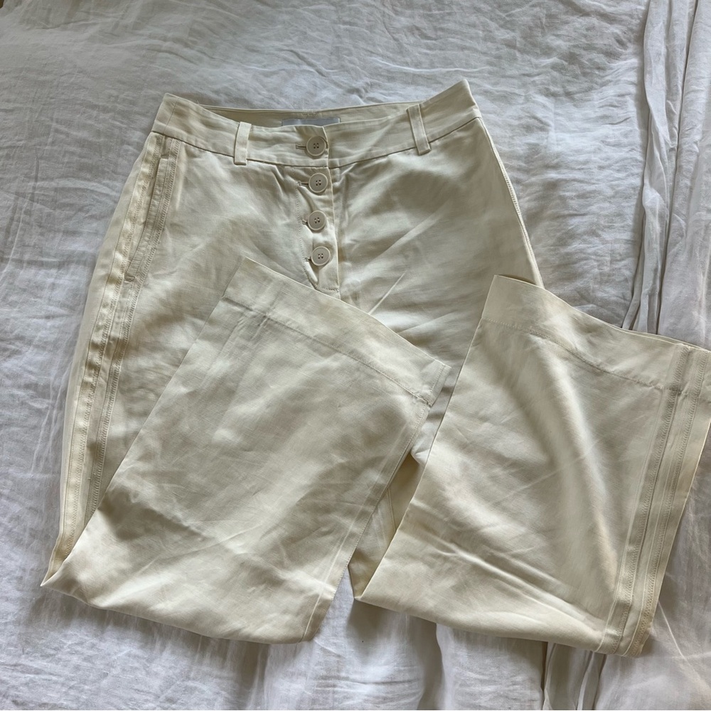 10 CROSBY DEREK LAM Cream High-Waisted Button Pants Linen Cotton Size 4
